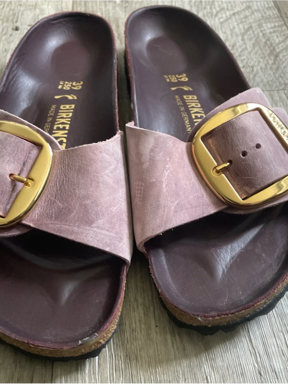 Birkenstock Madrid Soft Pink Suede Slide Sandals with Gold Buckles